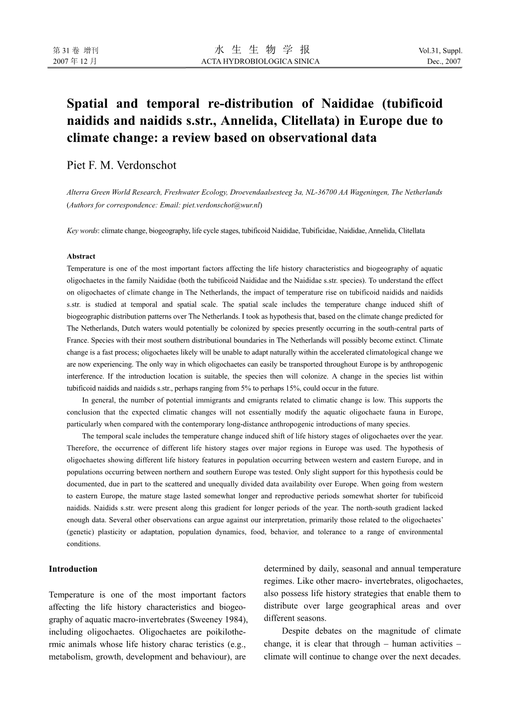 Spatial and Temporal Re-Distribution of Naididae