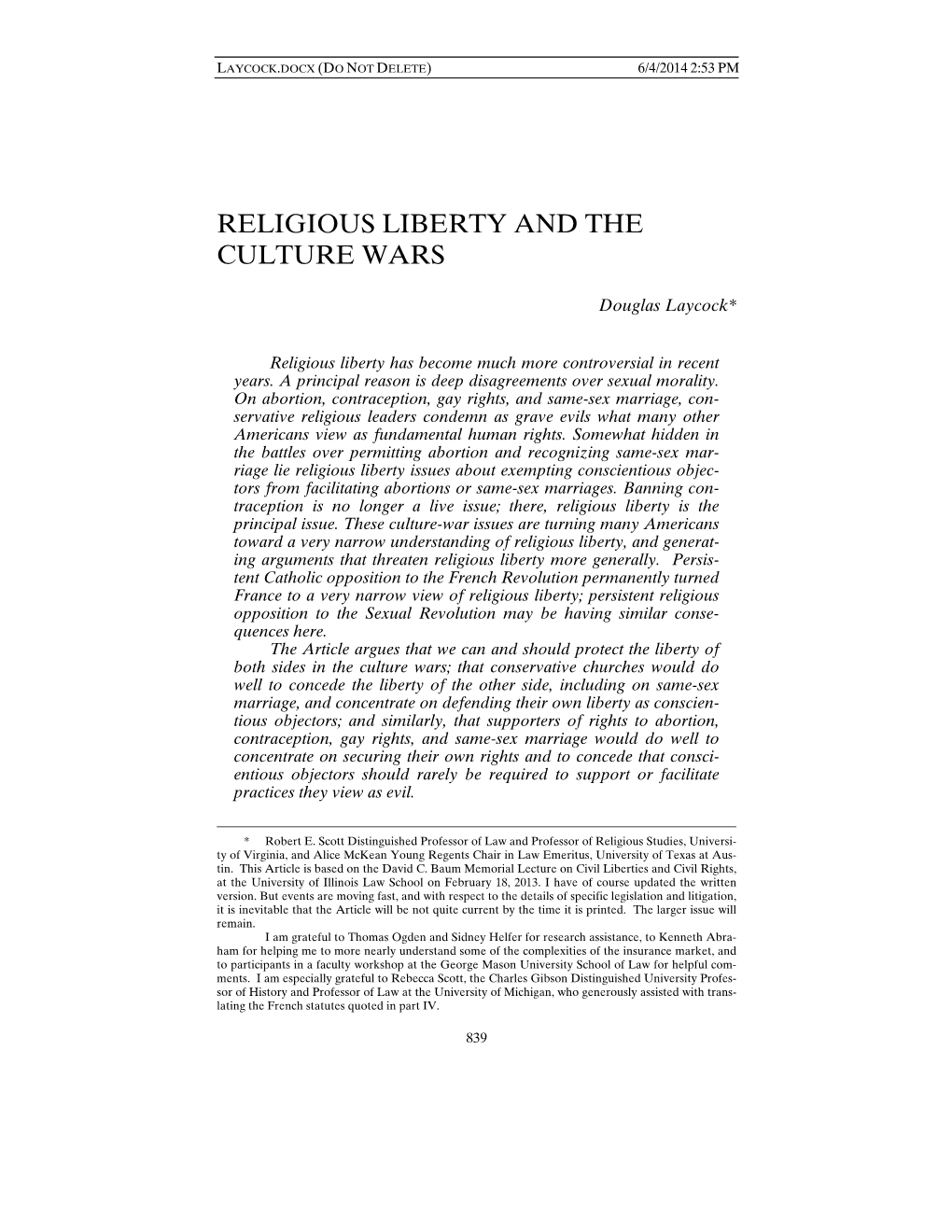 Religious Liberty and the Culture Wars