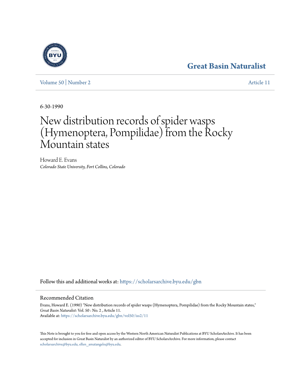 Hymenoptera, Pompilidae) from the Rocky Mountain States Howard E