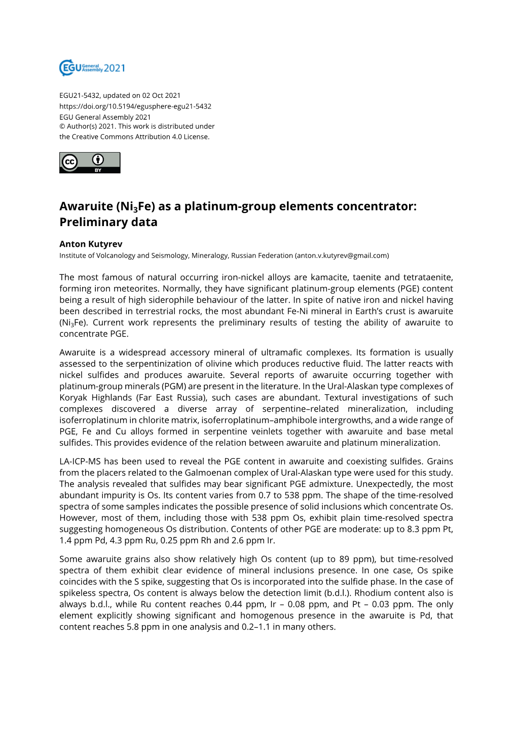 Awaruite (Ni3fe) As a Platinum-Group Elements Concentrator: Preliminary Data