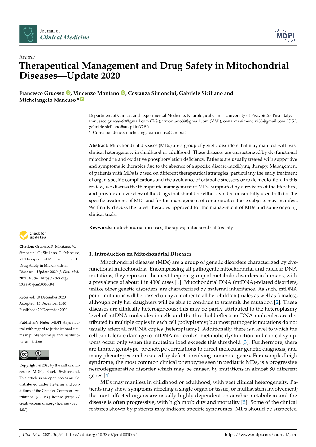 Therapeutical Management and Drug Safety in Mitochondrial Diseases—Update 2020