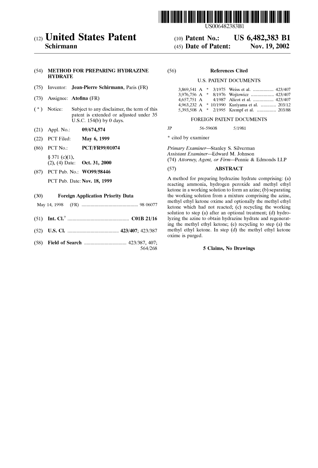 (12) United States Patent (10) Patent No.: US 6,482,383 B1 Schirmann (45) Date of Patent: Nov