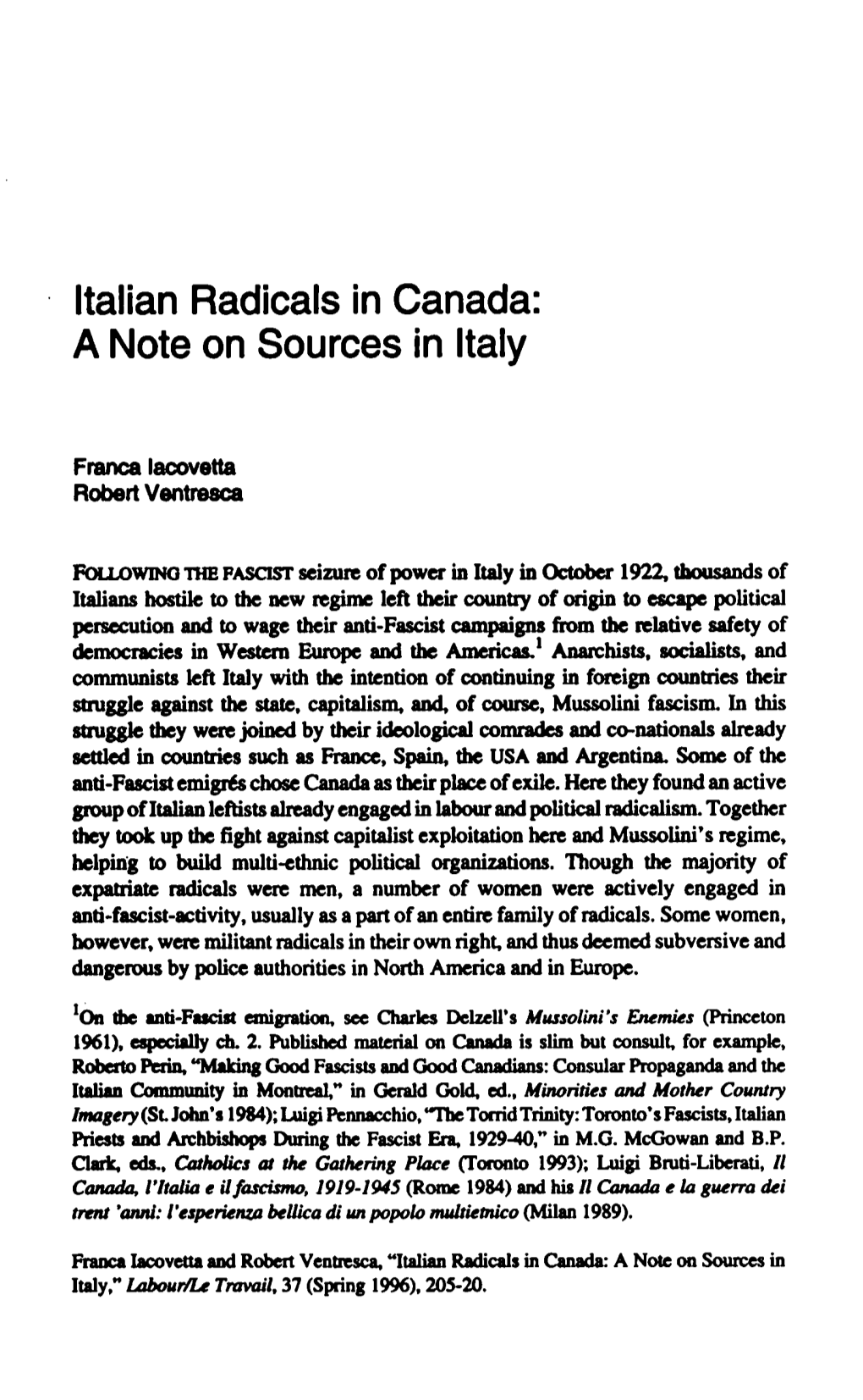 Italian Radicals in Canada: a Note on Sources in Italy