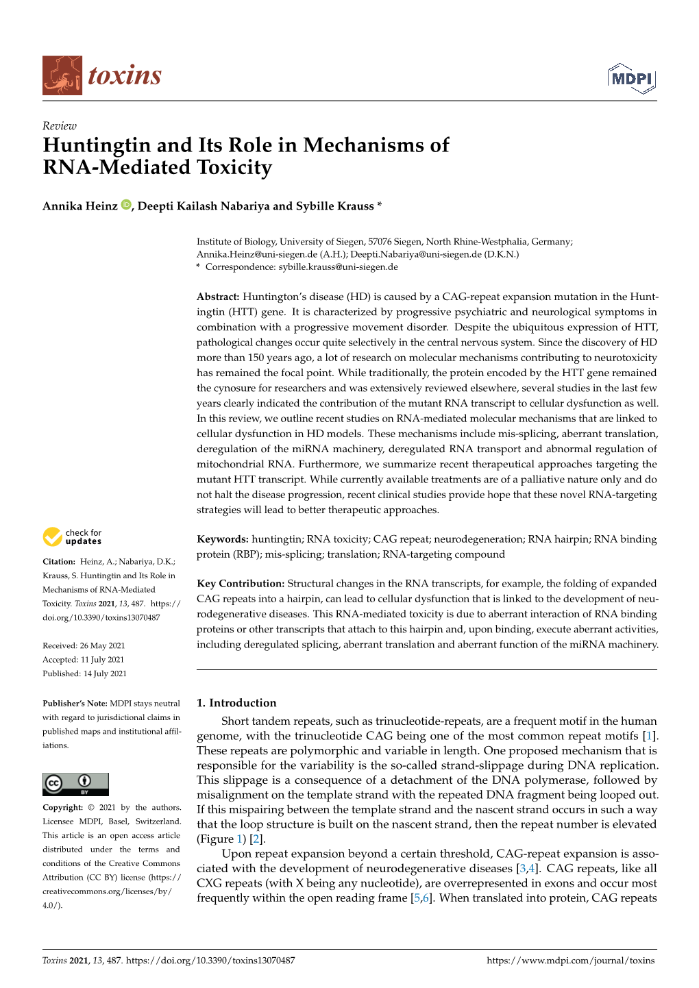 Huntingtin and Its Role in Mechanisms of RNA-Mediated Toxicity