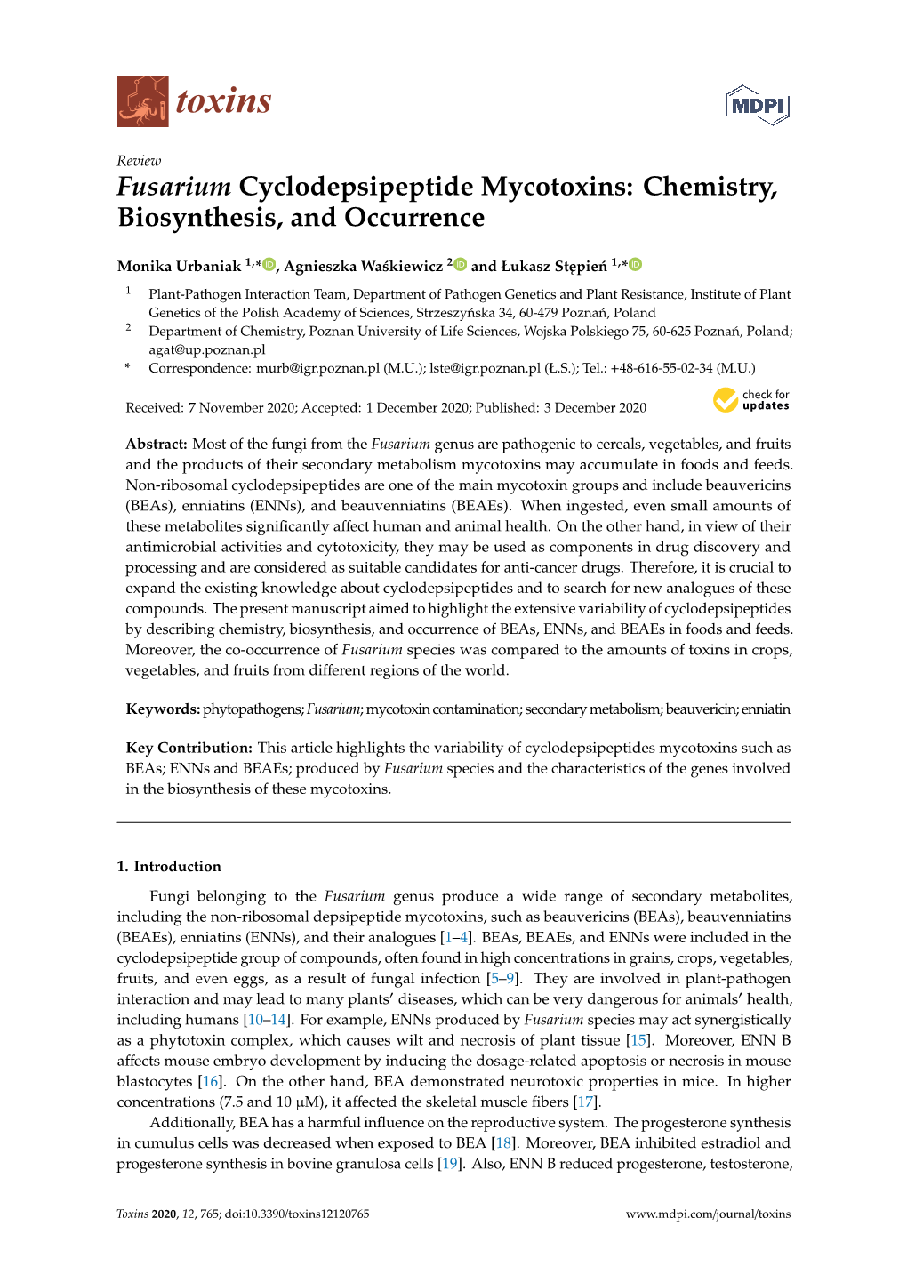 Fusarium Cyclodepsipeptide Mycotoxins: Chemistry, Biosynthesis, and Occurrence