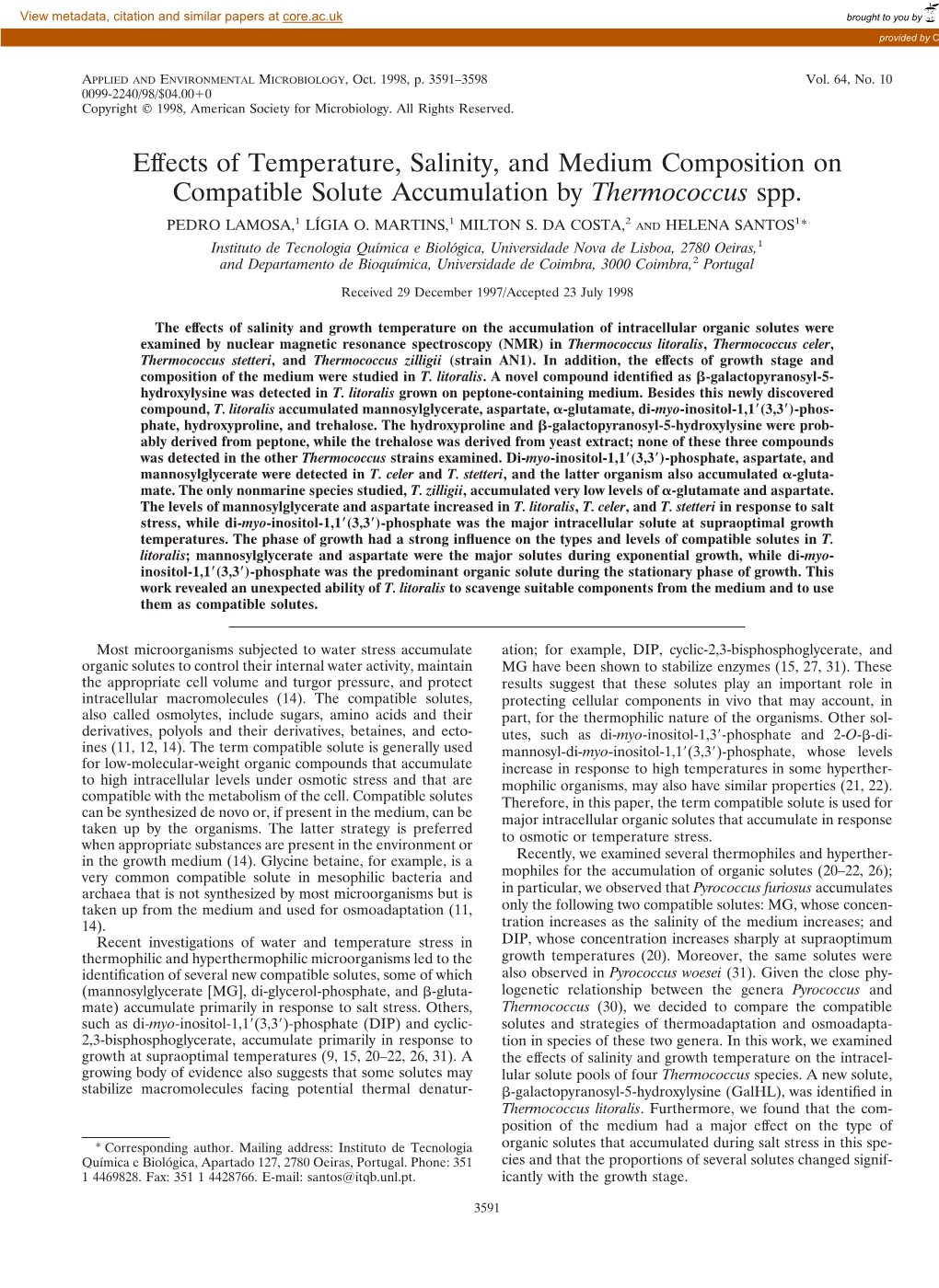 Effects of Temperature, Salinity, and Medium Composition on Compatible Solute Accumulation by Thermococcus Spp