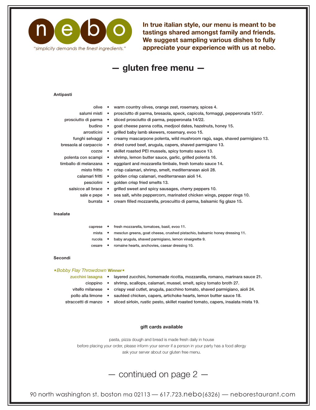 — Gluten Free Menu — — Continued on Page