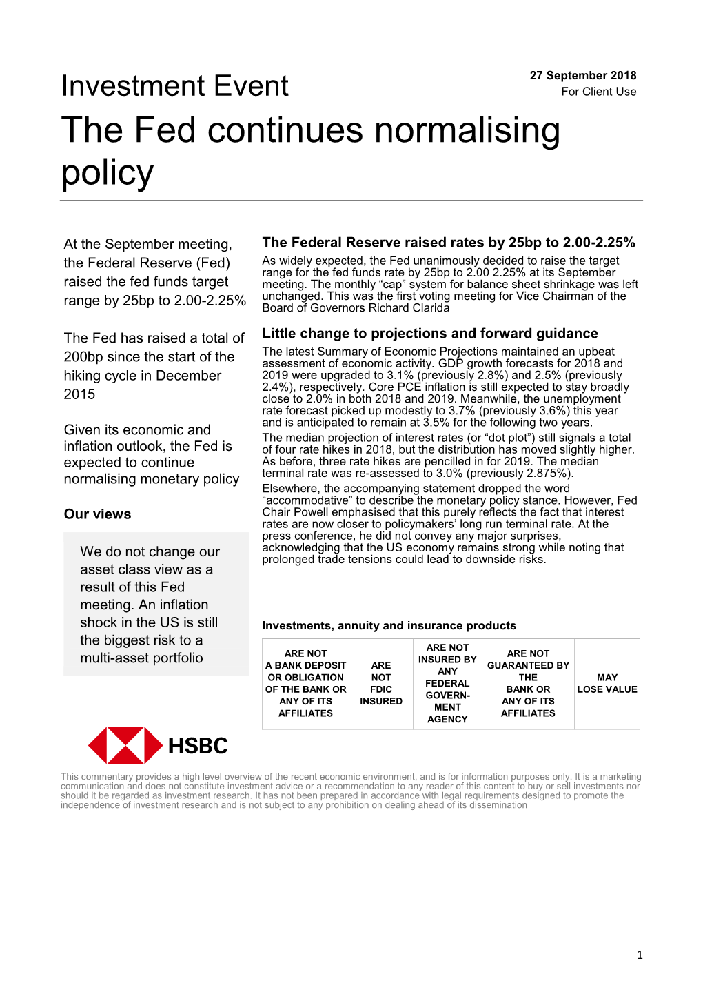 Investment Event: the Fed Continues Normalising Policy 27 September