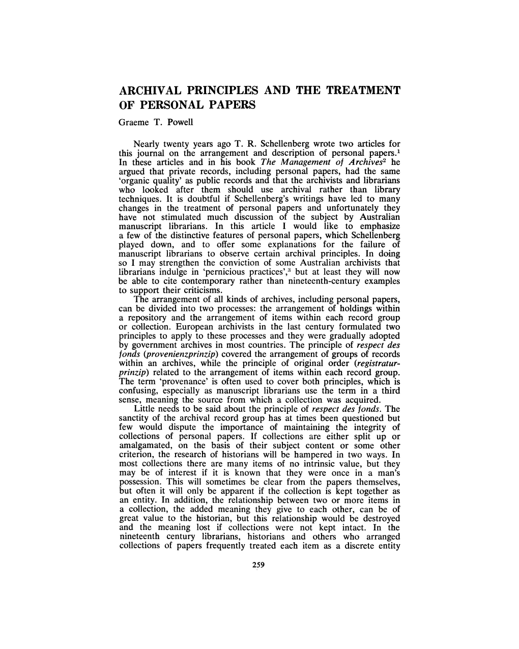 ARCHIVAL PRINCIPLES and the TREATMENT of PERSONAL PAPERS Graeme T