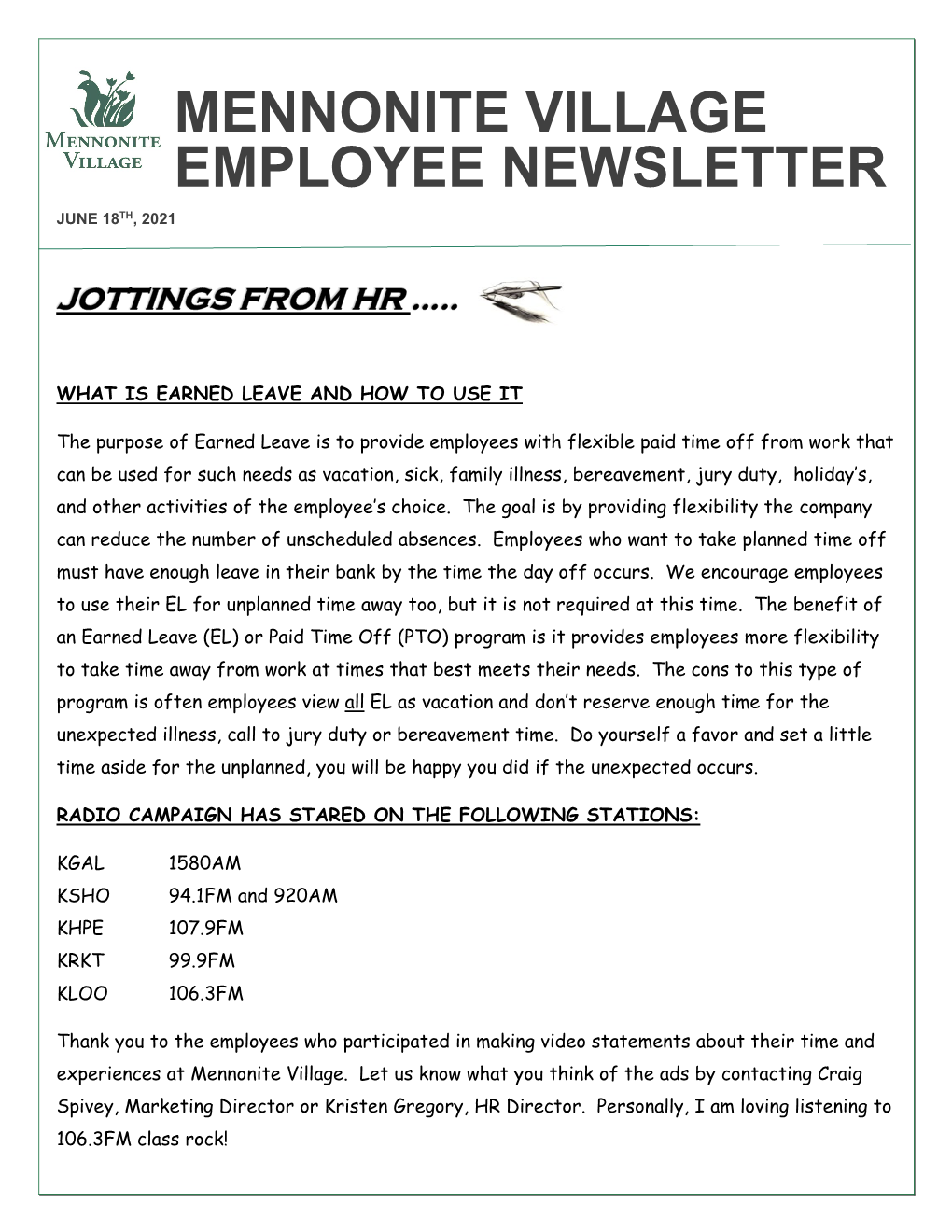 Mennonite Village Employee Newsletter June 18Th, 2021