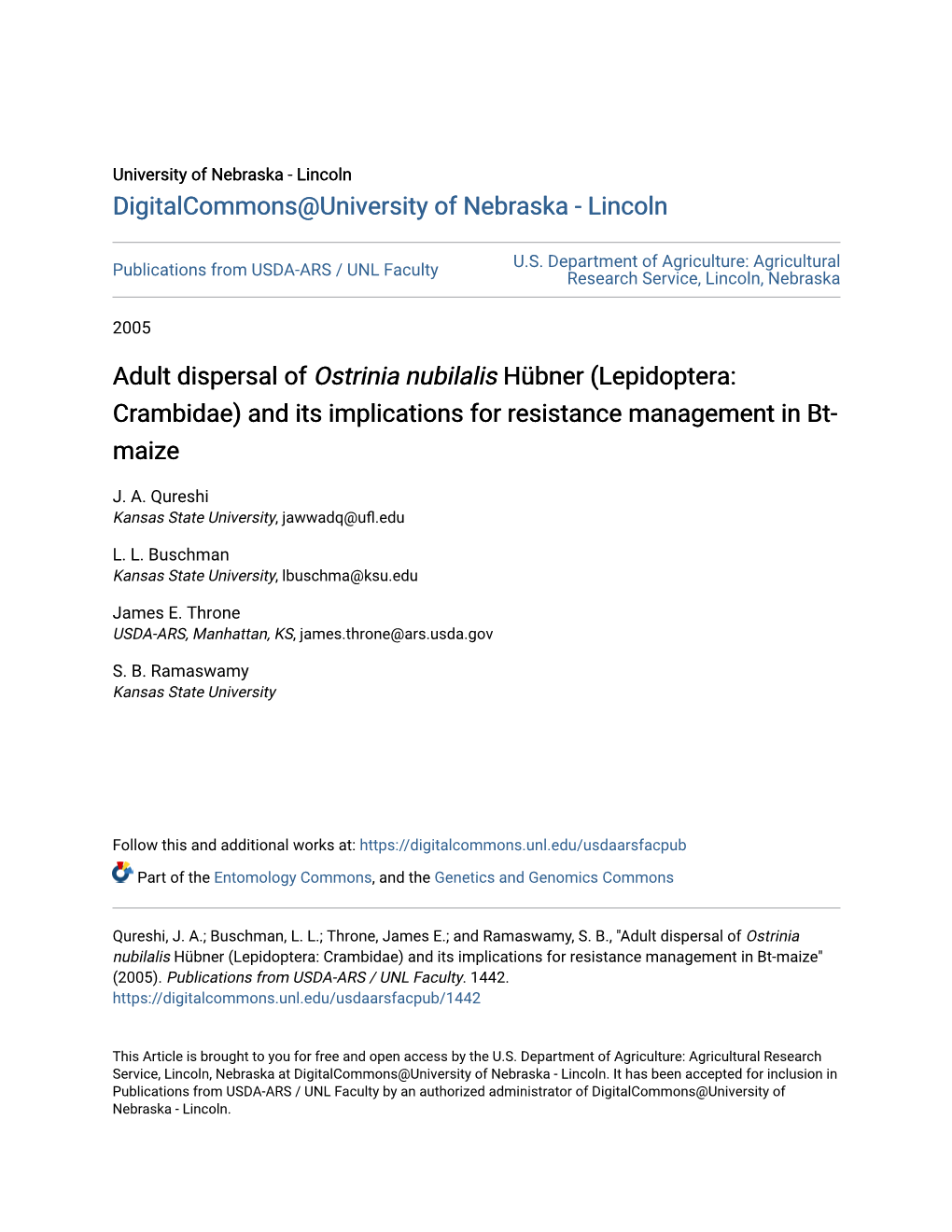 Adult Dispersal of &lt;I&gt;Ostrinia Nubilalis&lt;/I&gt; H¸Bner