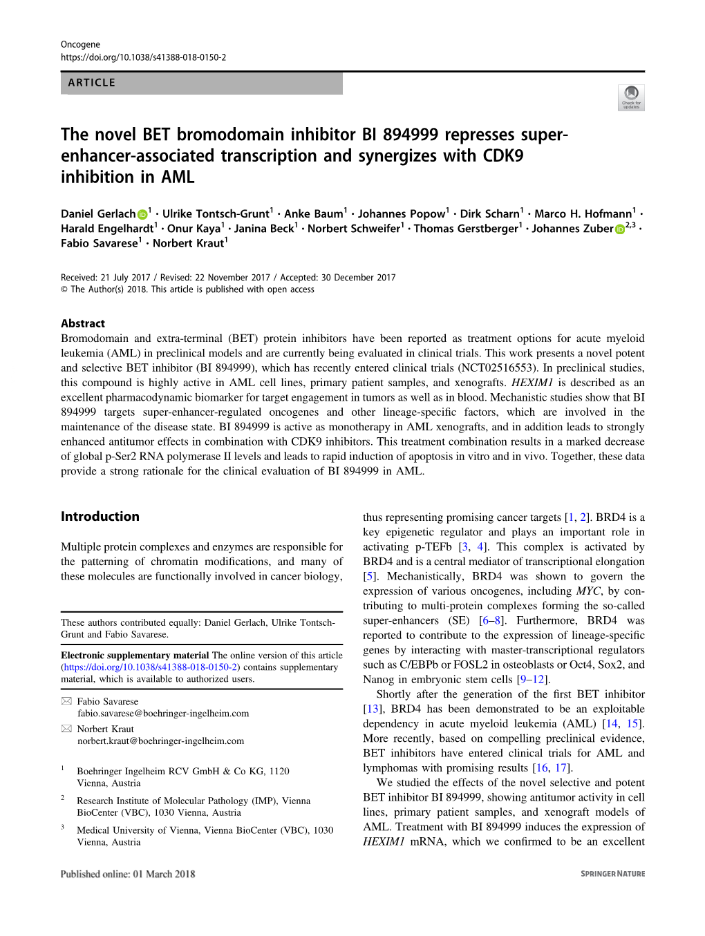 The Novel BET Bromodomain Inhibitor BI 894999 Represses Super- Enhancer-Associated Transcription and Synergizes with CDK9 Inhibition in AML