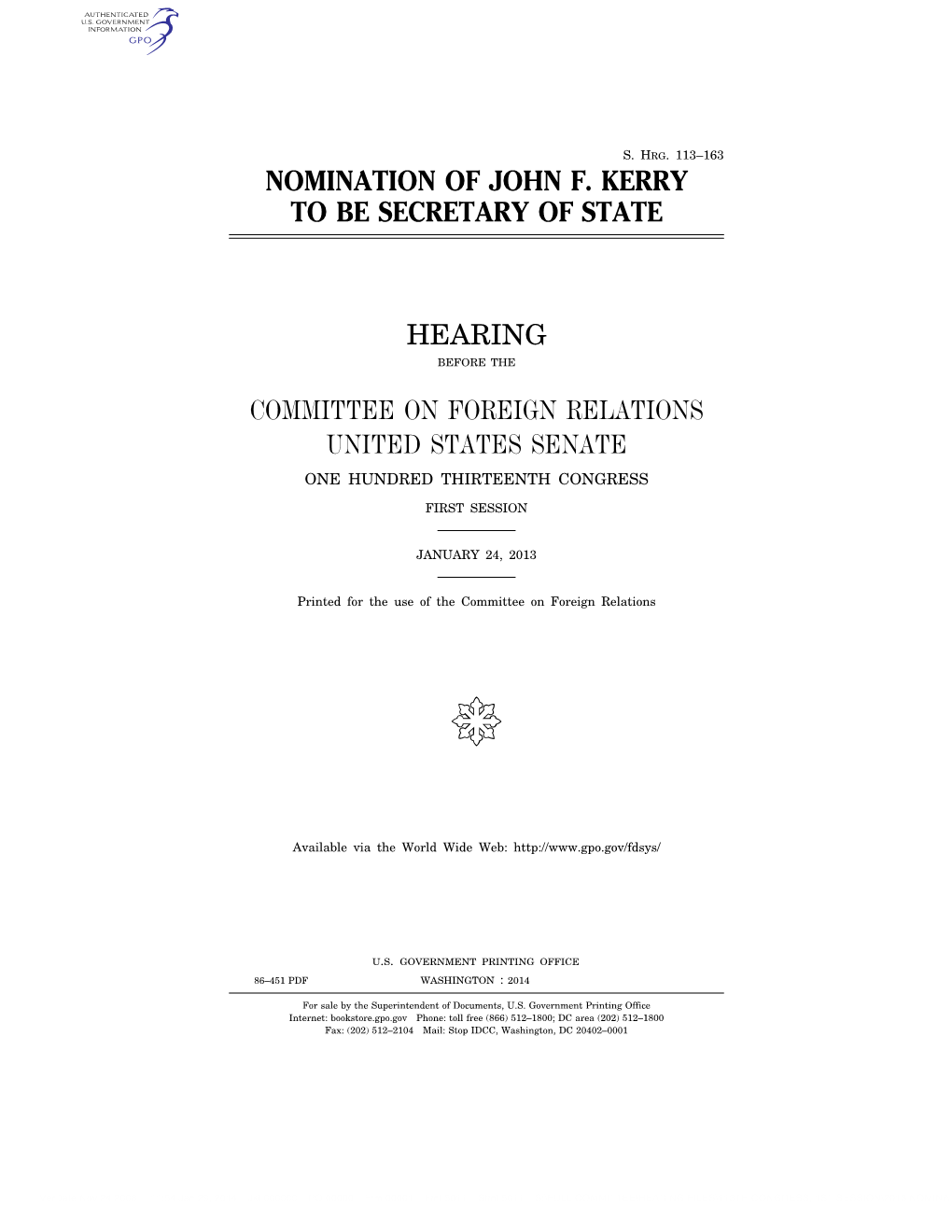 Nomination of John F. Kerry to Be Secretary of State