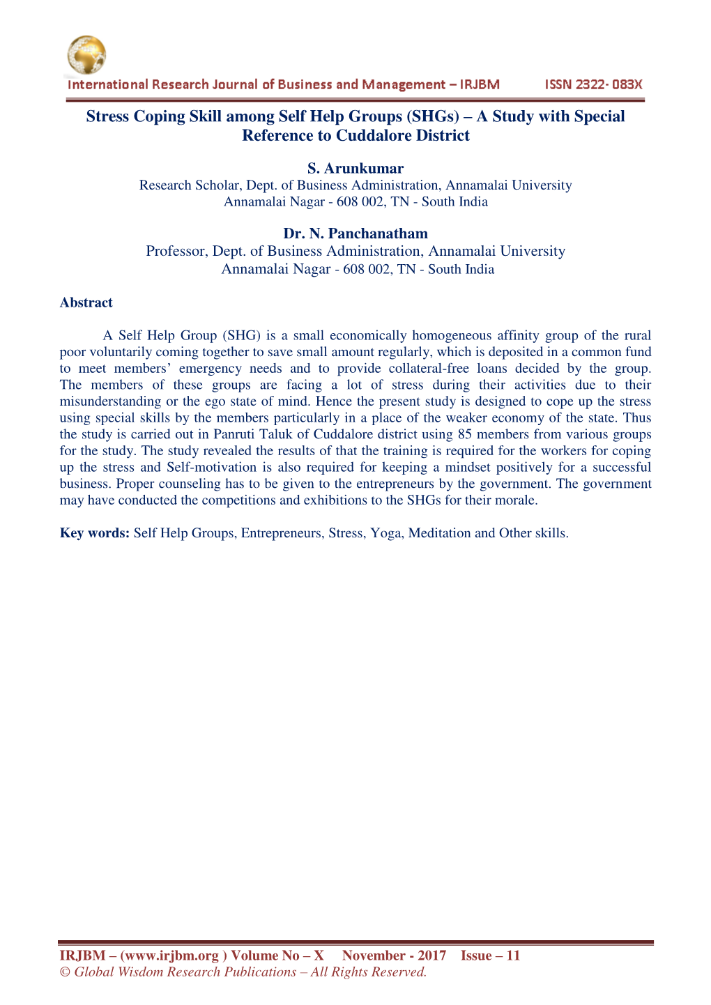 Stress Coping Skill Among Self Help Groups (Shgs) – a Study with Special Reference to Cuddalore District