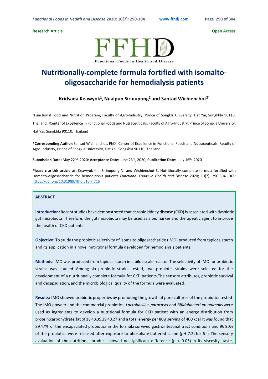 Nutritionally-Complete Formula Fortified with Isomalto- Oligosaccharide for Hemodialysis Patients