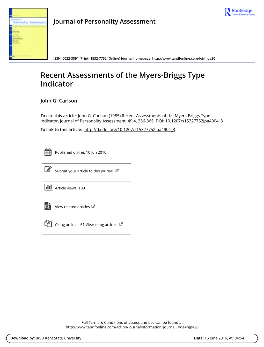 Recent Assessments of the Myers-Briggs Type Indicator