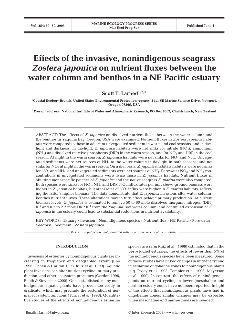 Effects of the Invasive, Nonindigenous Seagrass Zostera Japonica on Nutrient Fluxes Between the Water Column and Benthos in a NE Pacific Estuary