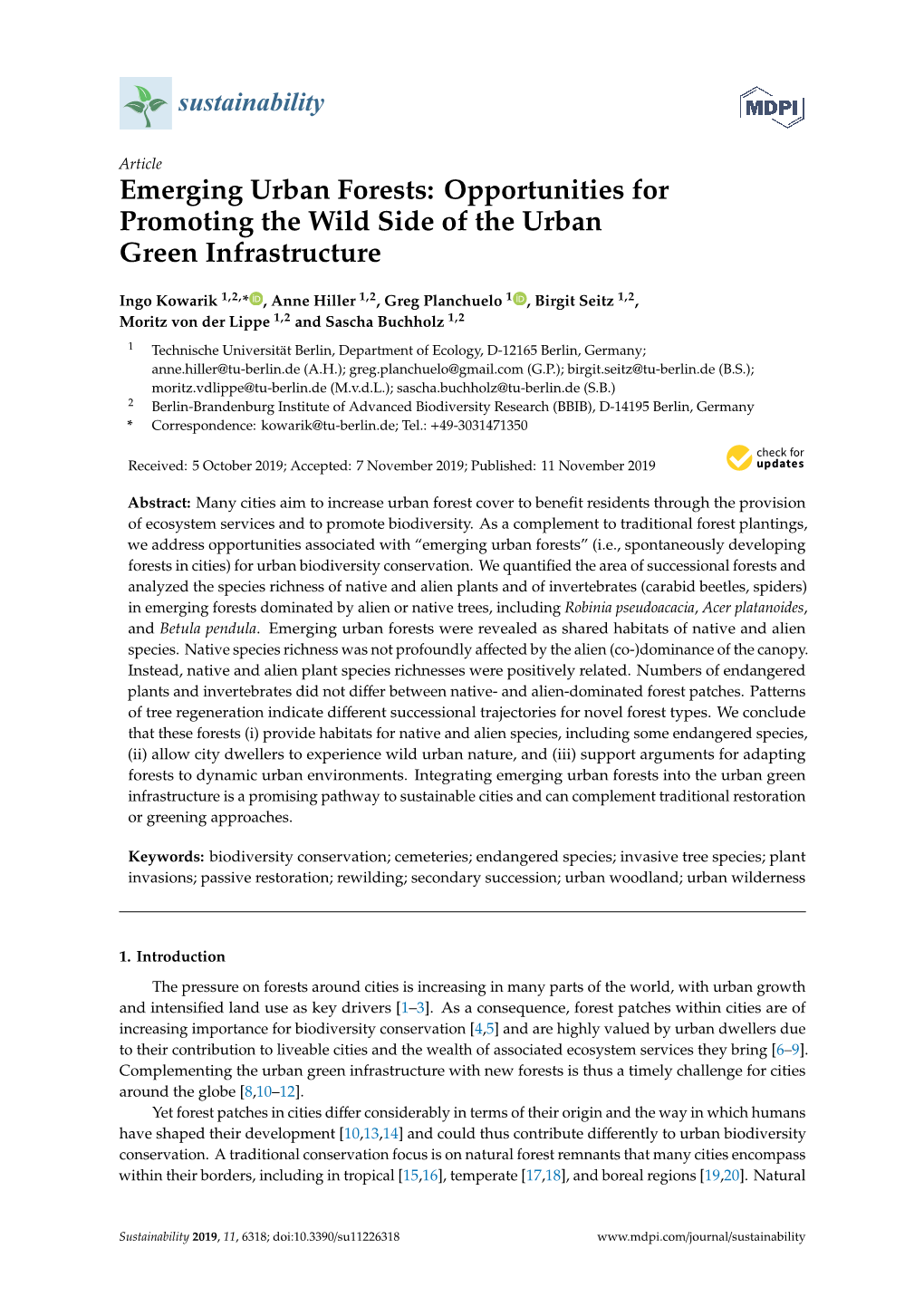 Emerging Urban Forests: Opportunities for Promoting the Wild Side of the Urban Green Infrastructure