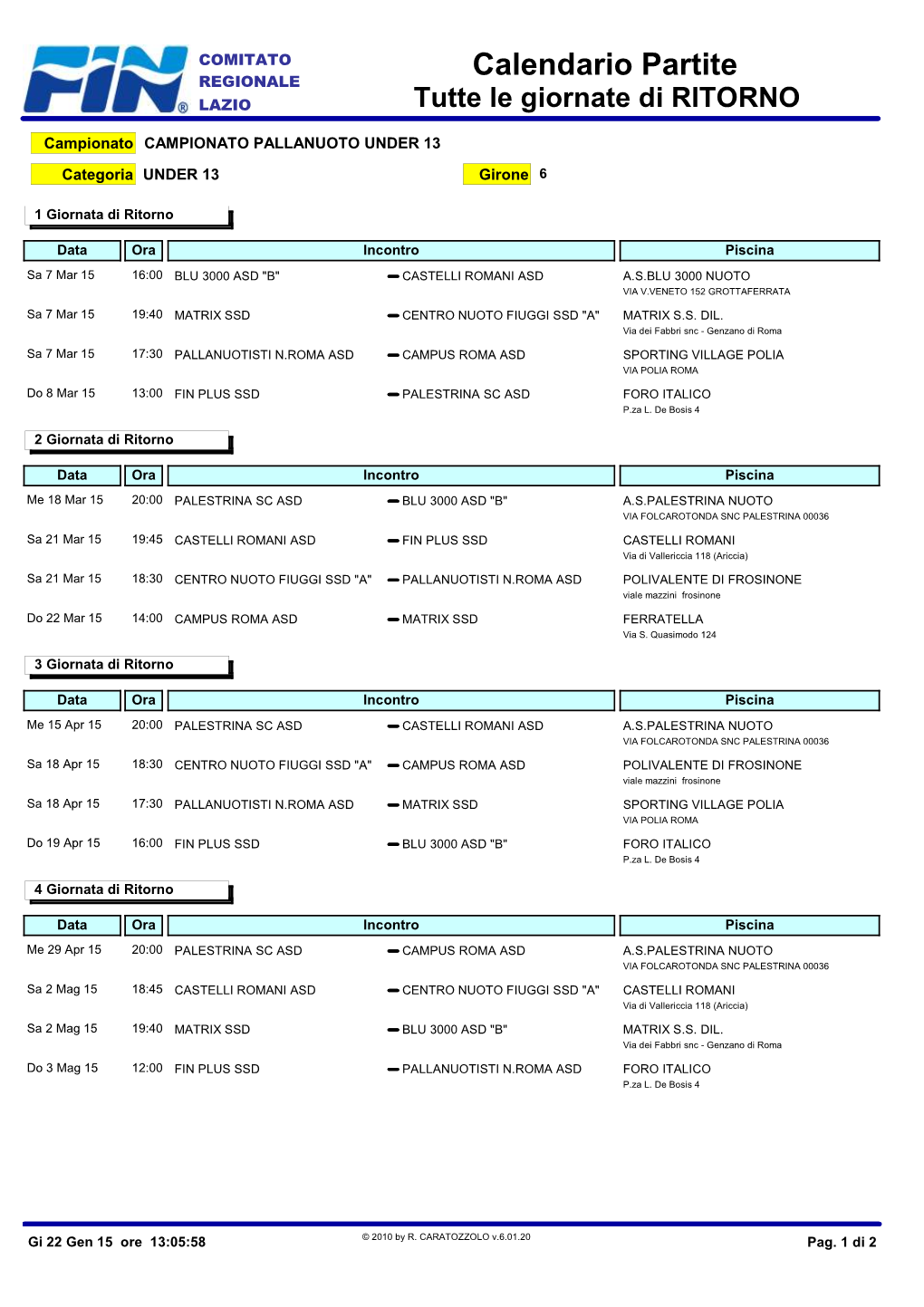 Calendario Partite REGIONALE LAZIO Tutte Le Giornate Di RITORNO