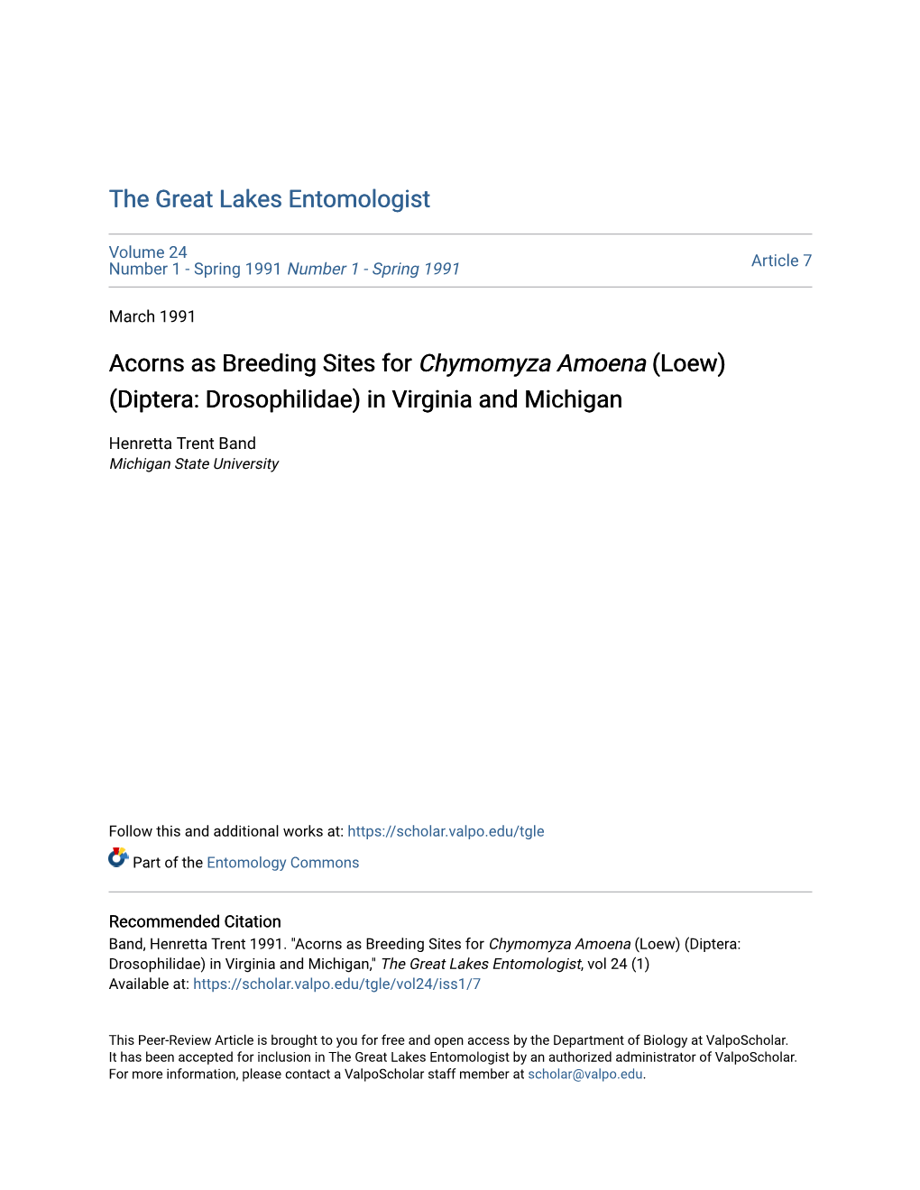 Acorns As Breeding Sites for Chymomyza Amoena (Loew) (Diptera: Drosophilidae) in Virginia and Michigan