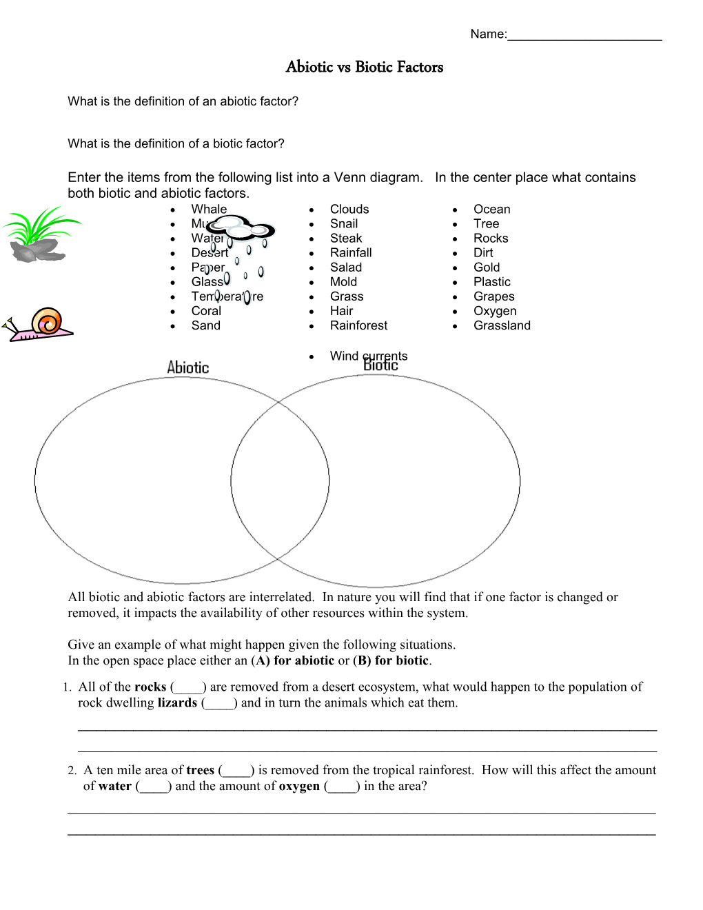 Worksheet 1: Abiotic Versus Biotic Factors