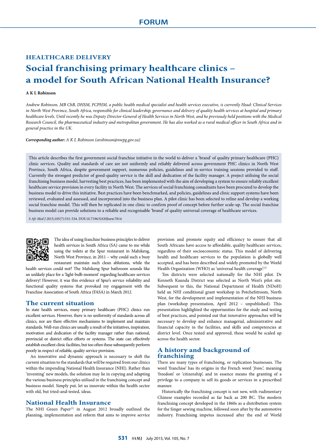 Social Franchising Primary Healthcare Clinics – a Model for South African National Health Insurance?