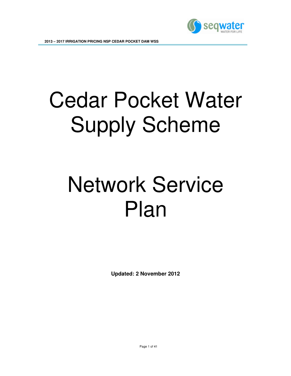 Cedar Pocket Water Supply Scheme Network Service Plan