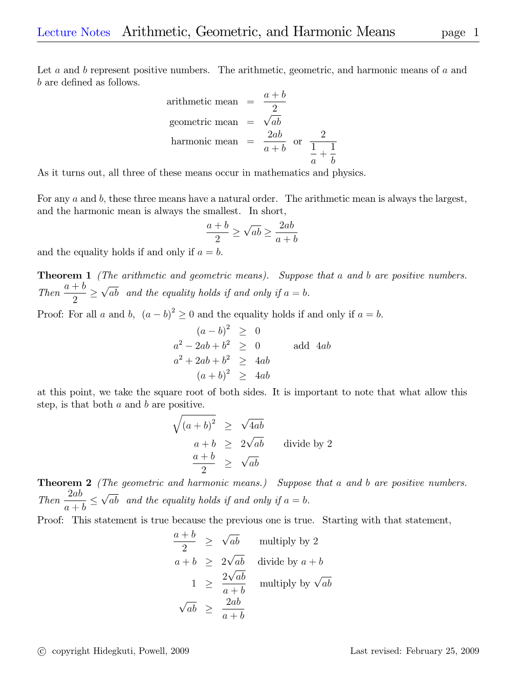 Lecture Notes Arithmetic, Geometric, and Harmonic Means Page 1