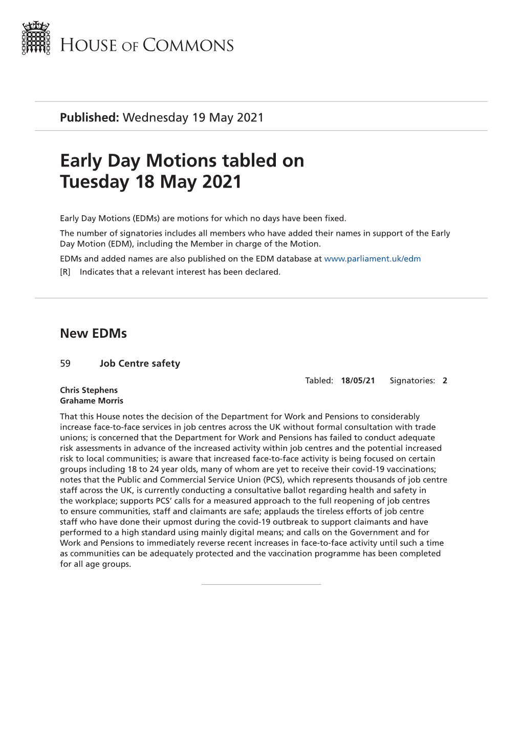 View Early Day Motions PDF File 0.06 MB