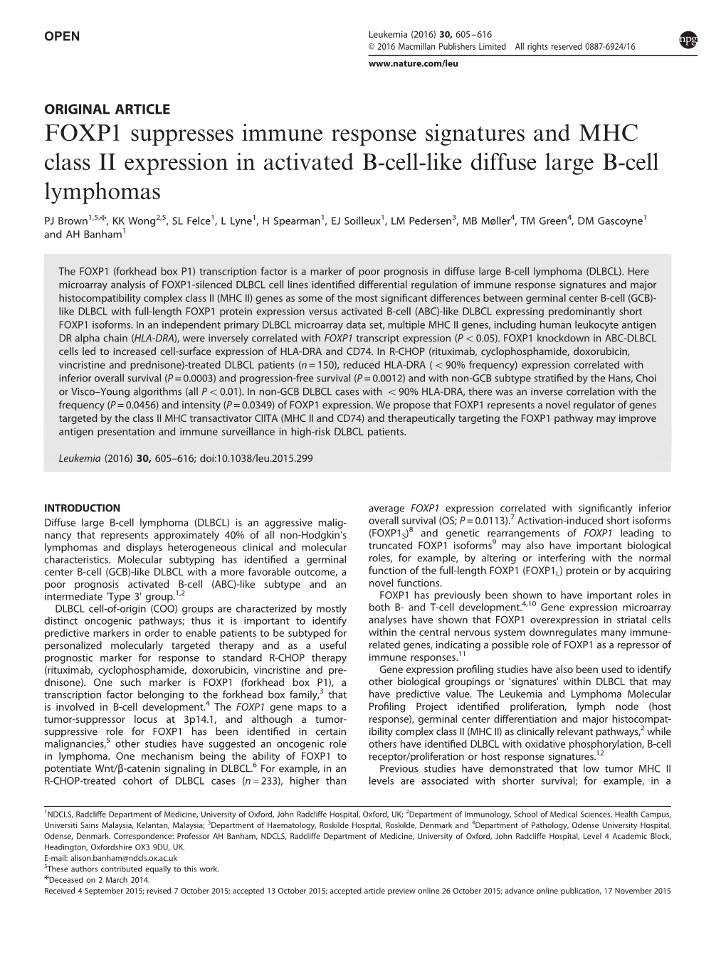 FOXP1 Suppresses Immune Response Signatures and MHC Class II Expression in Activated B-Cell-Like Diffuse Large B-Cell Lymphomas