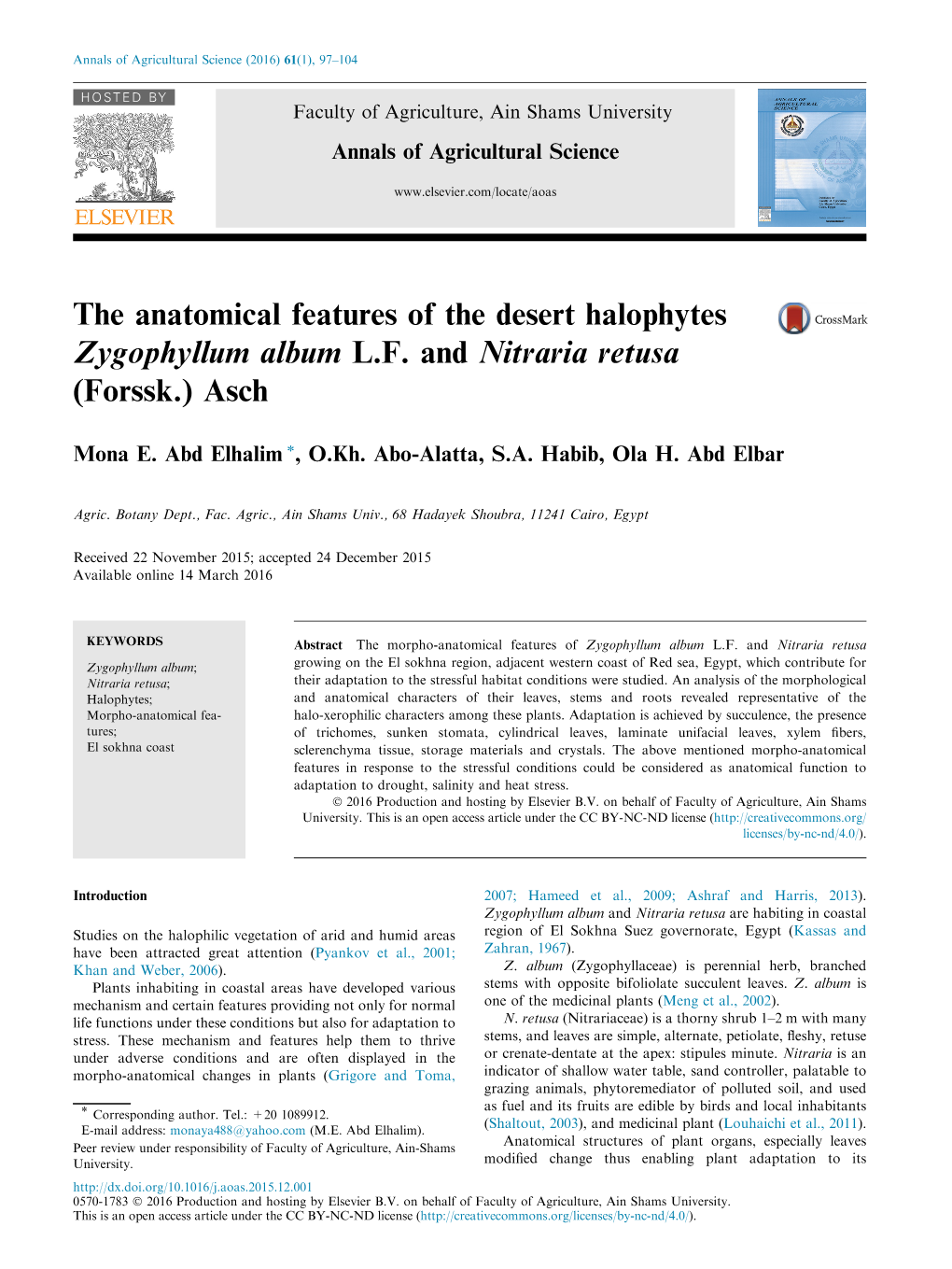 The Anatomical Features of the Desert Halophytes Zygophyllum Album L.F. and Nitraria Retusa (Forssk.) Asch