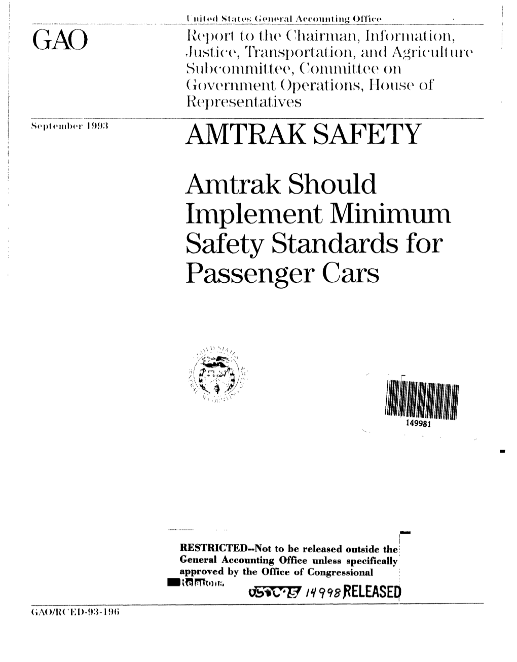 Amtrak Should Implement Minimum Safety Standards for Passenger Cars