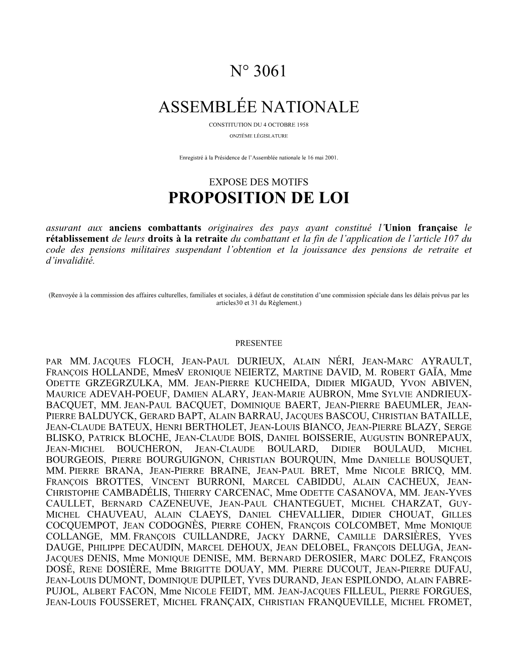 N° 3061 Assemblée Nationale Proposition De