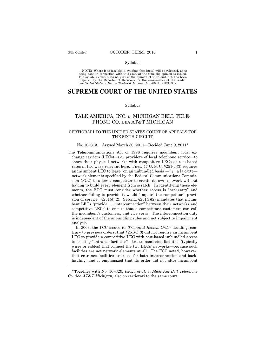 TALK AMERICA, INC. V. MICHIGAN BELL TELEPHONE CO