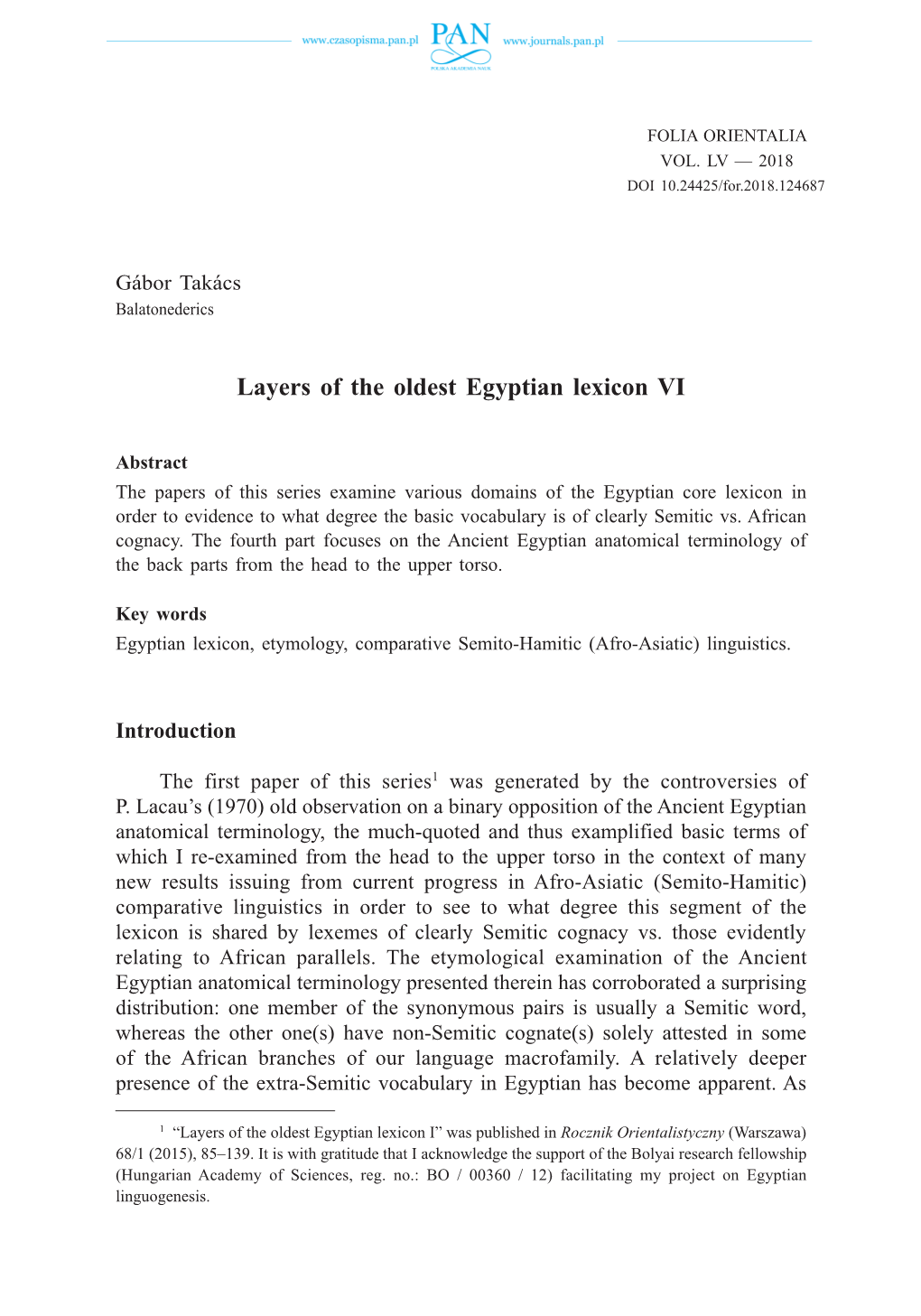 Layers of the Oldest Egyptian Lexicon VI