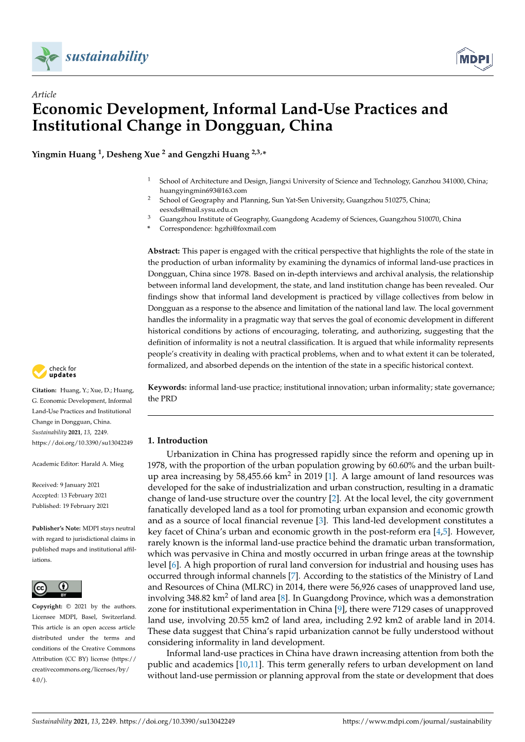 Economic Development, Informal Land-Use Practices and Institutional Change in Dongguan, China