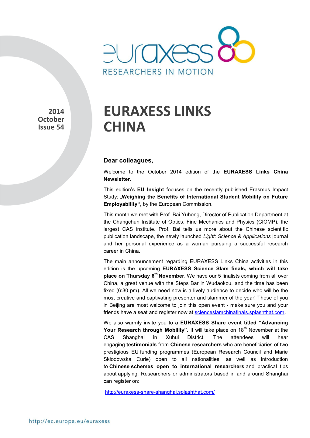 October 2014 Edition of the EURAXESS Links China Newsletter