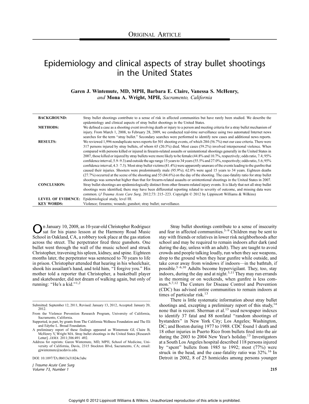 Epidemiology and Clinical Aspects of Stray Bullet Shootings in the United States