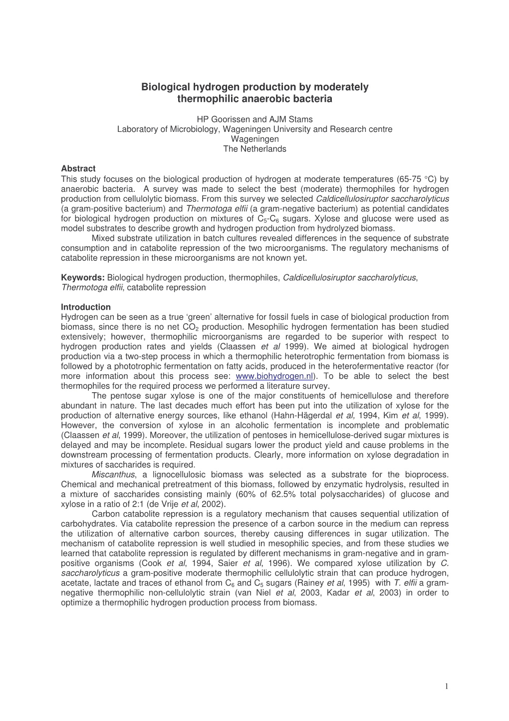 Biological Hydrogen Production by Moderately Thermophilic Anaerobic Bacteria