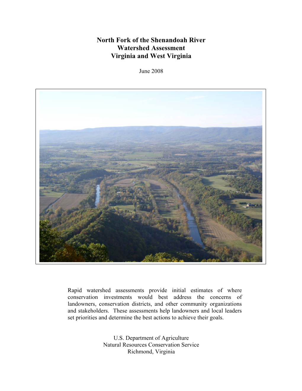 North Fork of the Shenandoah River Watershed Assessment Virginia and West Virginia