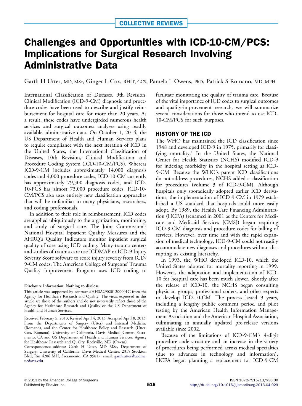 Challenges and Opportunities with ICD-10-CM/PCS: Implications for Surgical Research Involving Administrative Data