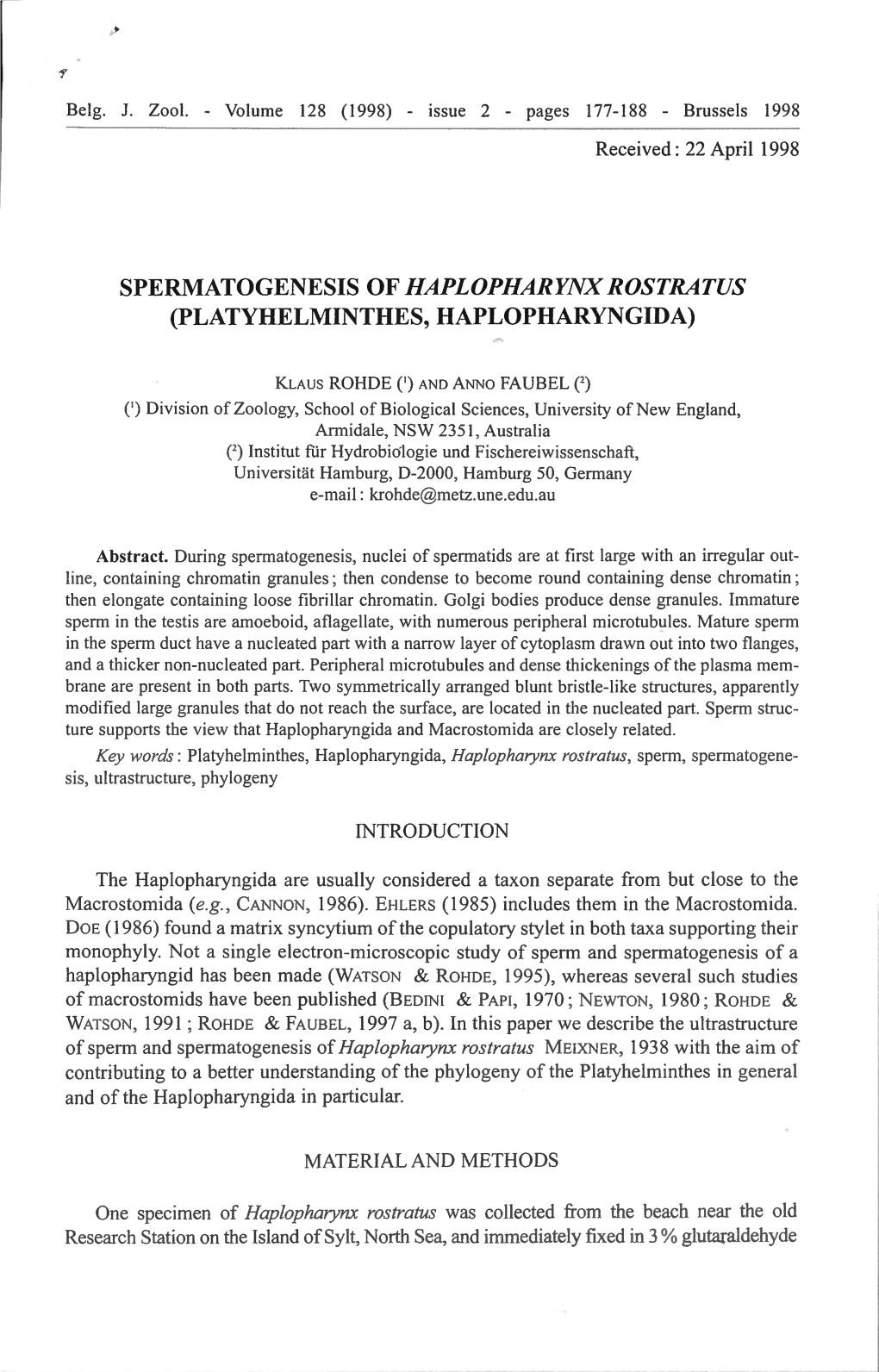 Spermatogenesis of Haplopharynx Rostratus (Platyhelminthes, Haplopharyngida)