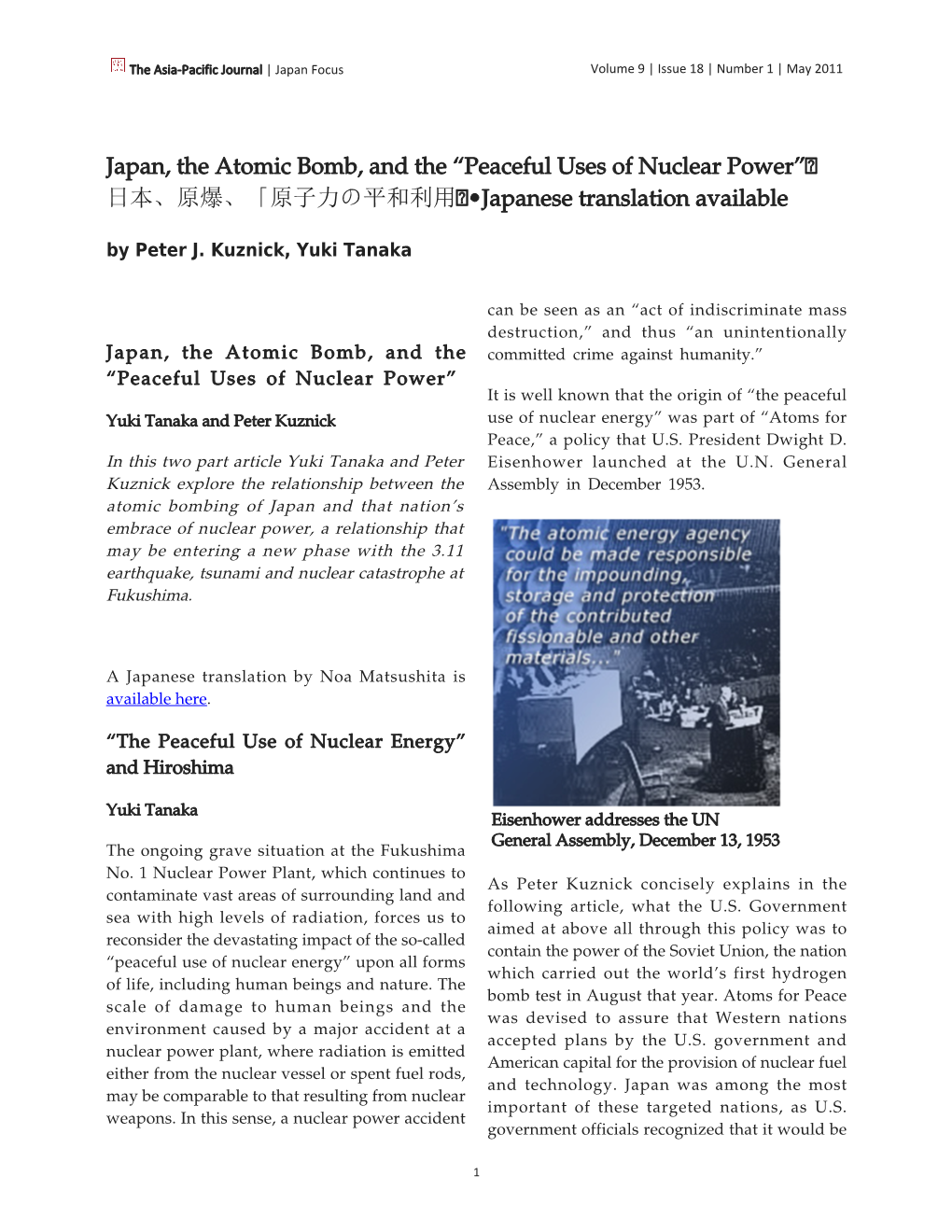 Japan, the Atomic Bomb, and the “Peaceful Uses of Nuclear Power” 日本、原爆、「原子力の平和利用」•Japanese Translation Available by Peter J