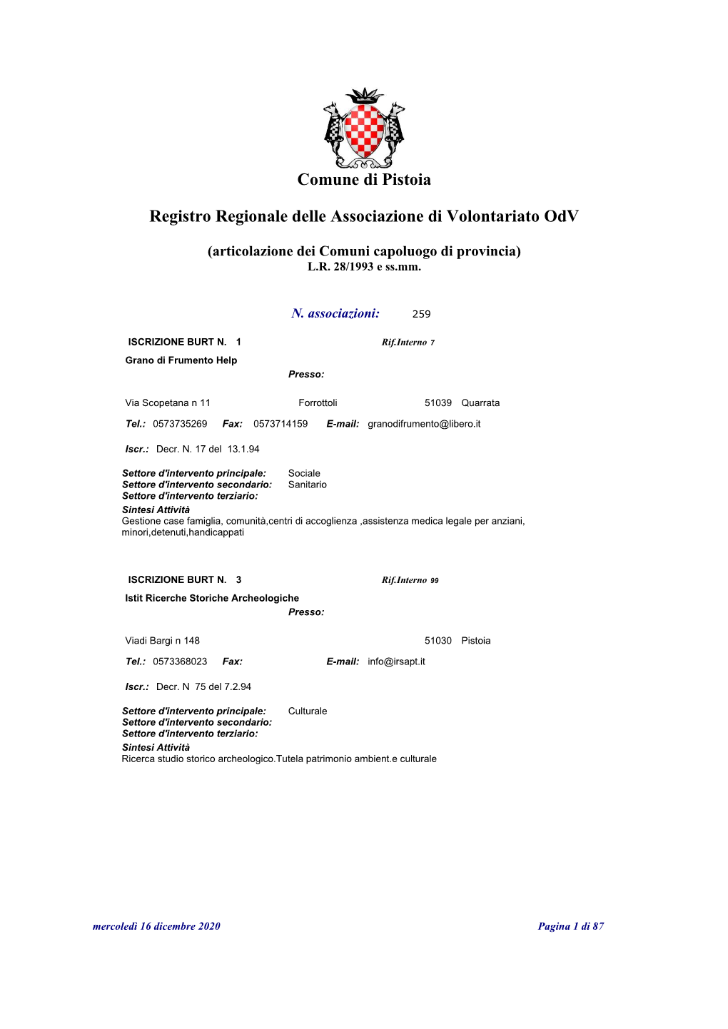 Comune Di Pistoia Registro Regionale Delle Associazione Di Volontariato