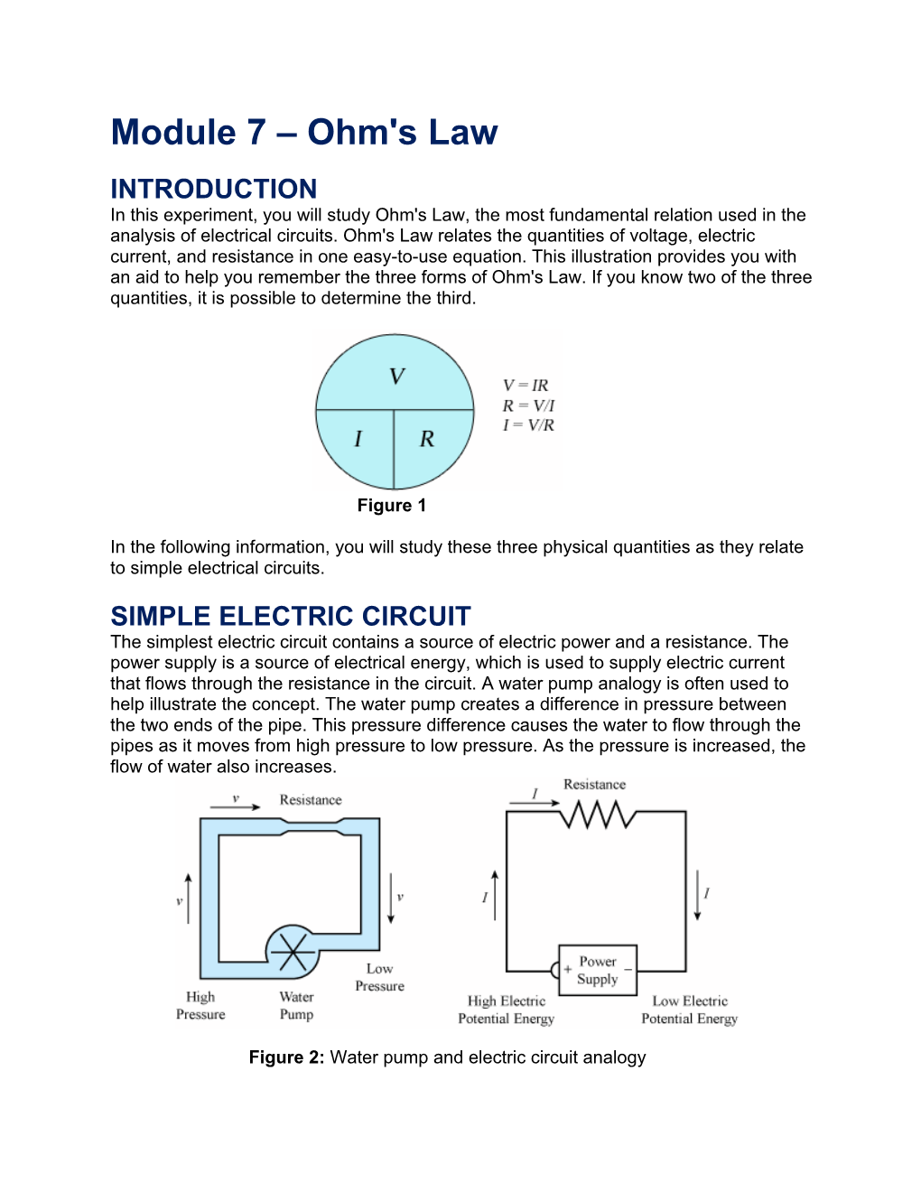 Module 7 – Ohm's Law INTRODUCTION in This Experiment, You Will Study Ohm's Law, the Most Fundamental Relation Used in the Analysis of Electrical Circuits