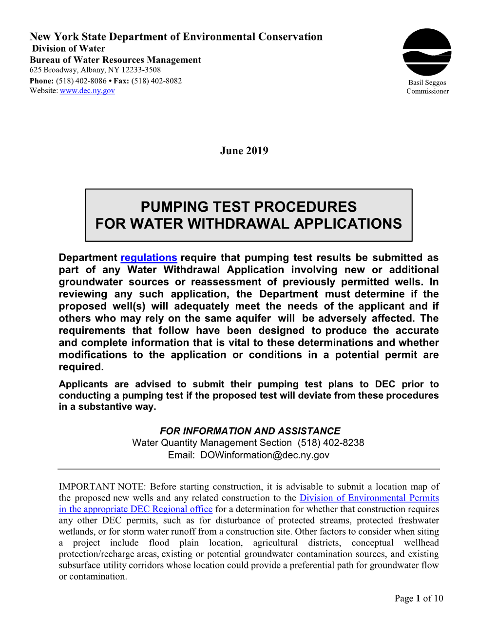 Pumping Test Procedures for Water Withdrawal Applications