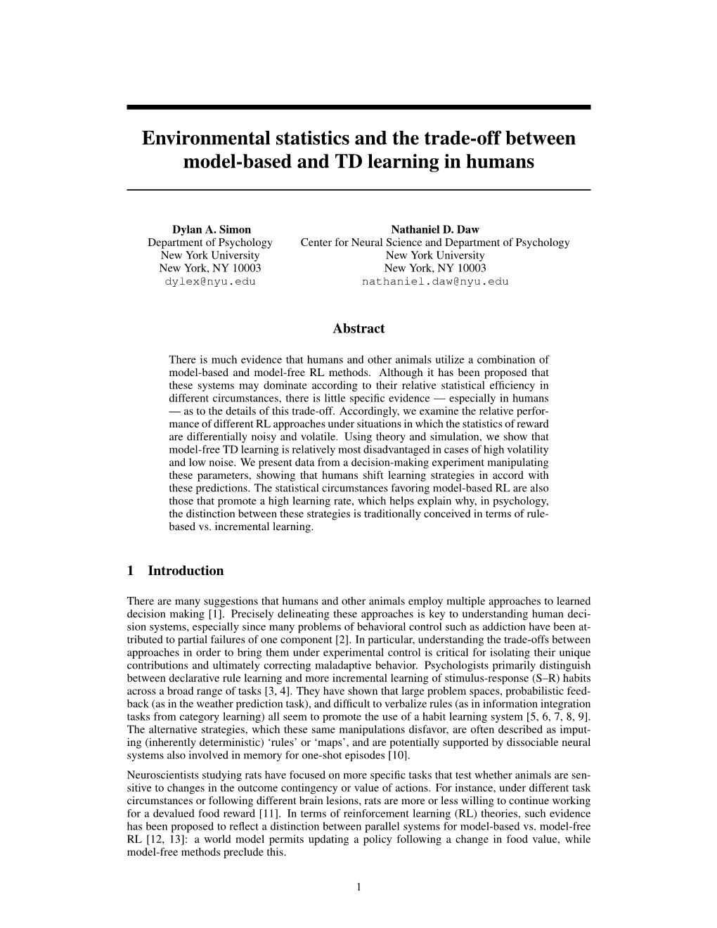 Environmental Statistics and the Trade-Off Between Model-Based and TD Learning in Humans