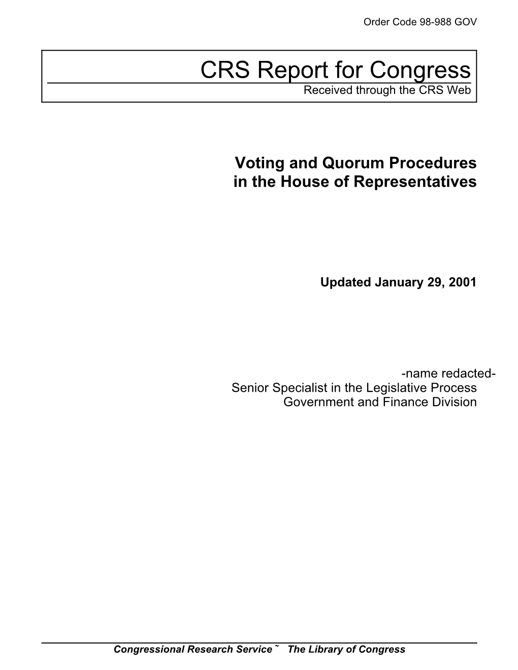 Voting and Quorum Procedures in the House of Representatives