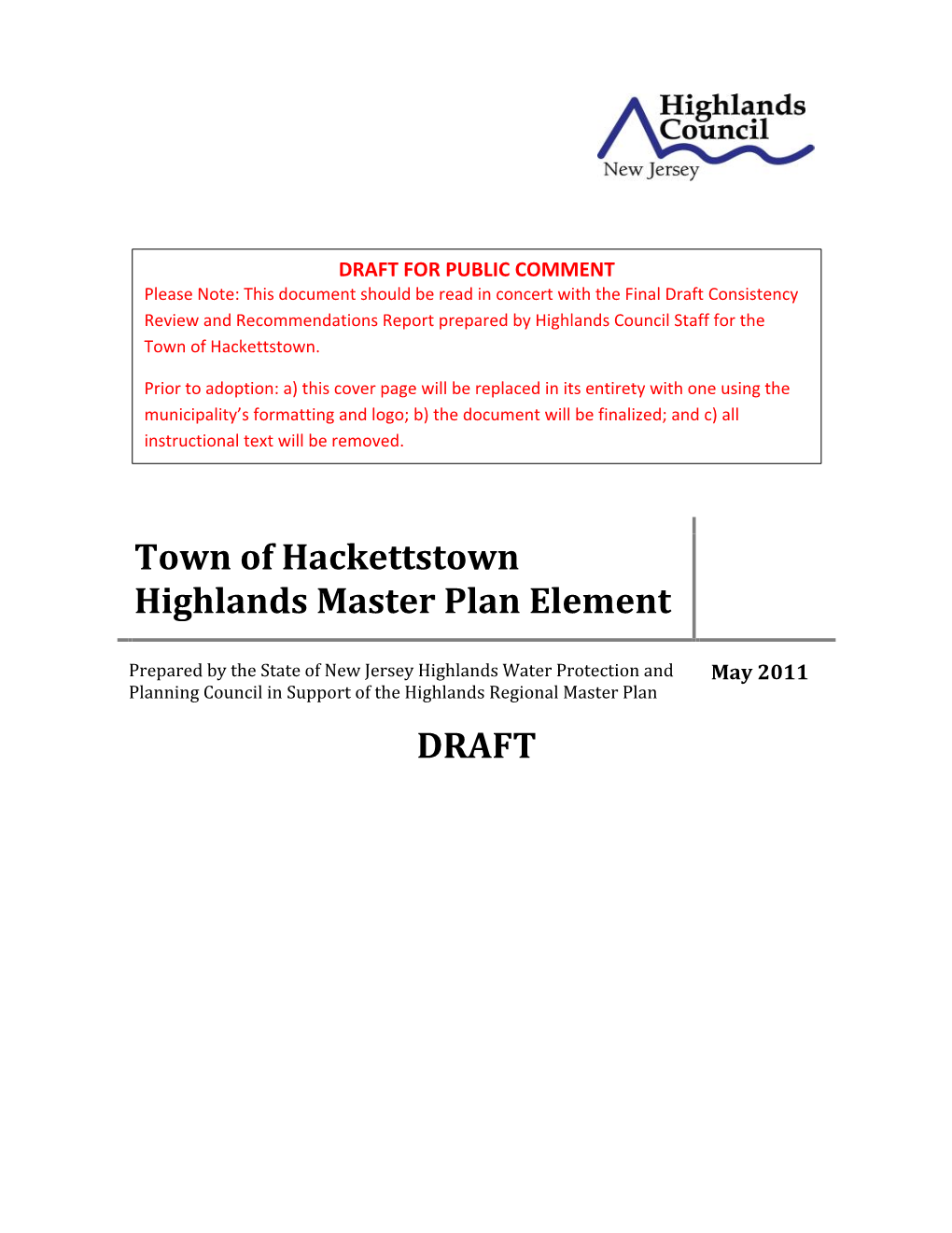 Town of Hackettstown Highlands Master Plan Element DRAFT