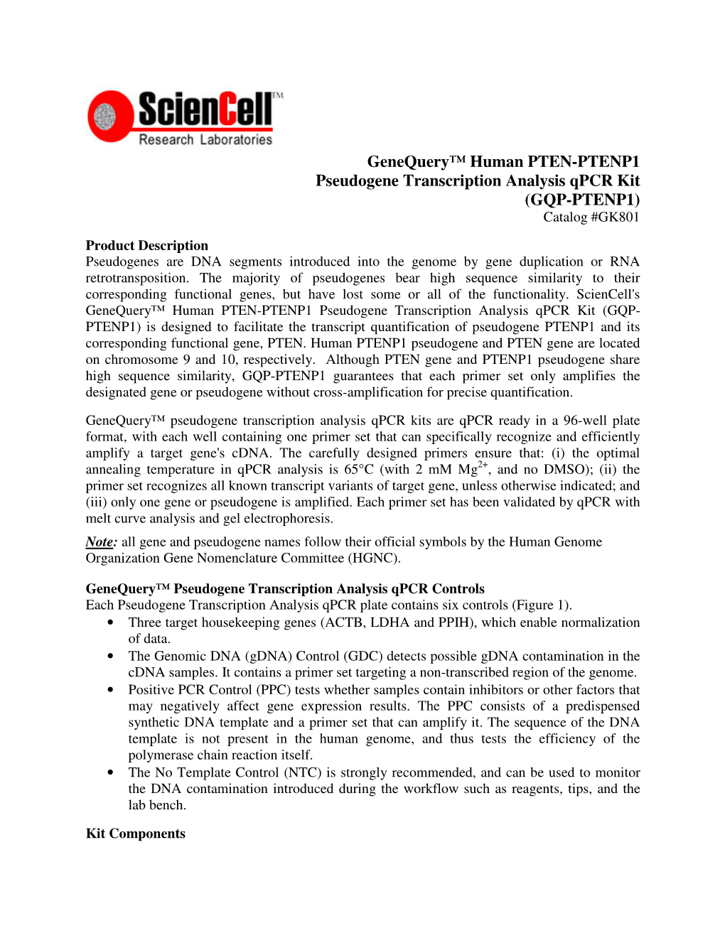Genequery™ Human PTEN-PTENP1 Pseudogene Transcription Analysis Qpcr Kit (GQP-PTENP1)